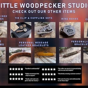 May include: A collection of personalized wooden gifts, including key rings, tie clips, cufflinks, bottle stoppers, leather bracelets, ring boxes, and framed cutout art. The image also includes customer reviews with five-star ratings.