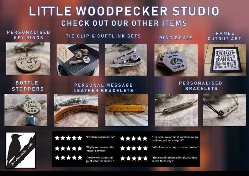 May include: A collection of personalized wooden gifts, including key rings, tie clips, cufflinks, bottle stoppers, leather bracelets, ring boxes, and framed cutout art. The image also includes customer reviews with five-star ratings.