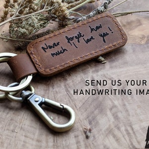 Leather Keyring Gift - Personalized Handwriting Leather Key Chain - Leather Loop - 3rd Anniversary Birthday Gift for Him or Her