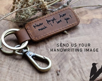 Leather Keyring Gift - Personalized Handwriting Leather Key Chain - Leather Loop - 3rd Anniversary Birthday Gift for Him or Her