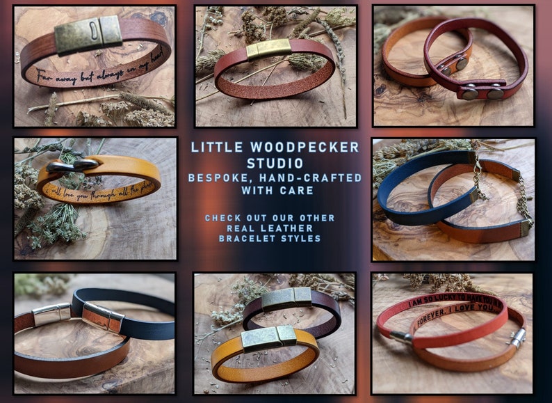 May include: A collection of leather bracelets with different styles and engravings. The bracelets are made with real leather and feature various closures, including a magnetic clasp, a buckle, and a hook and eye. The bracelets are engraved with personalized messages, such as "Far away but always in my heart" and "I will love you through all the phases".