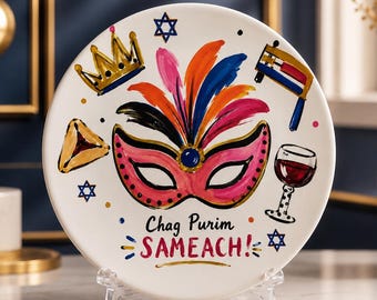 Purim China Plate, Watercolor Mask Hamantaschen Grogger Judaica Decor