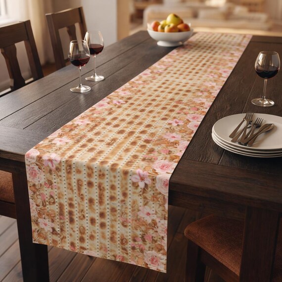 Passover Table Runner Matzah Pink Flowers 16x72 or 16x90 Cotton or Polyester, Pesach Seder Judaica Table Decor