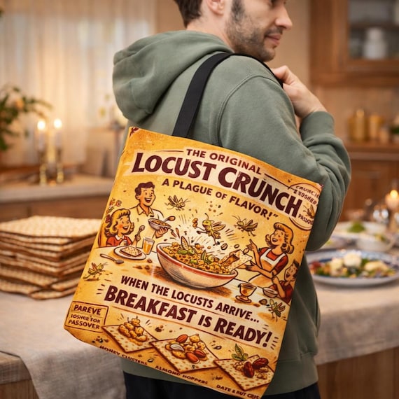 Passover Locust Crunch Vintage Ad Tote Bag, Funny Plague Matzah Market Tote, Retro Pesach Grocery Bag, Jewish Kitchen Gift