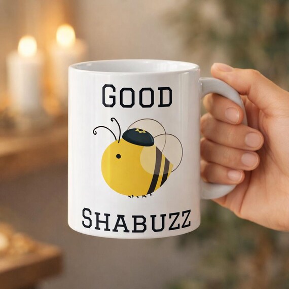 Good Shabuzz Bumble Bee Ceramic Mug, Funny Jewish Coffee Cup, Passover Seder Gift, Shabbat Kitchen Judaica