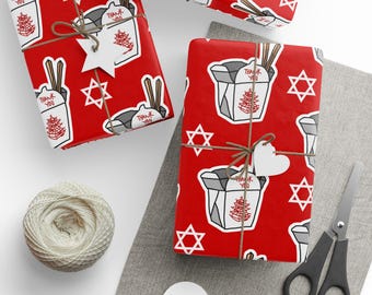 Papel de regalo navideño judío divertido con diseño de comida china y estrella de David.