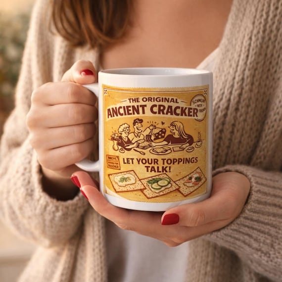 Vintage Snack Label Ceramic Mug 11oz 15oz, Ancient Cracker Illustration Cup, Retro Kitchen Decor Gift, Passover Coffee Mug