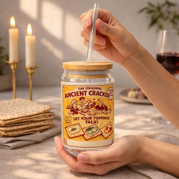 Passover Matzah Vintage Ad Sipper Glass 16oz with Bamboo Lid & Straw, Retro Pesach Drinkware, Jewish Hostess Gift