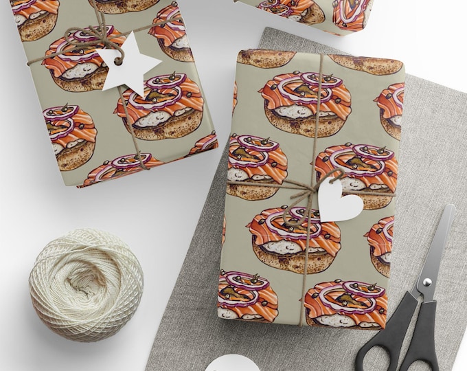 Featured listing image: Bagels and Lox Wrapping Paper, Jewish Brunch Gift Wrap