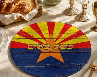 Arizona State Flagge Challah Brett, runde Glas Shabbat Servierplatte, Holzoptik Jejuda Küche Dekor