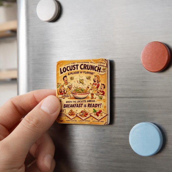 Passover Locust Crunch Cereal Magnet, Vintage Pesach Plague Kitchen Magnet, Retro Matzah Ad Fridge Decor, Jewish Hostess Gift