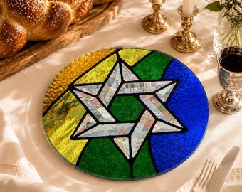 Pride Rainbow Challah Board, Round Glass Shabbat Serving Plate, Stained Glass Star of David Judaica Decor