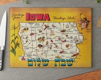 Iowa Challah Board, Vintage Map Tempered Glass Tray, Judaica Wedding Gift