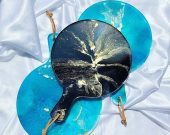 Round Faux Agate Resin Cutting Board | Teal + Black with Gold