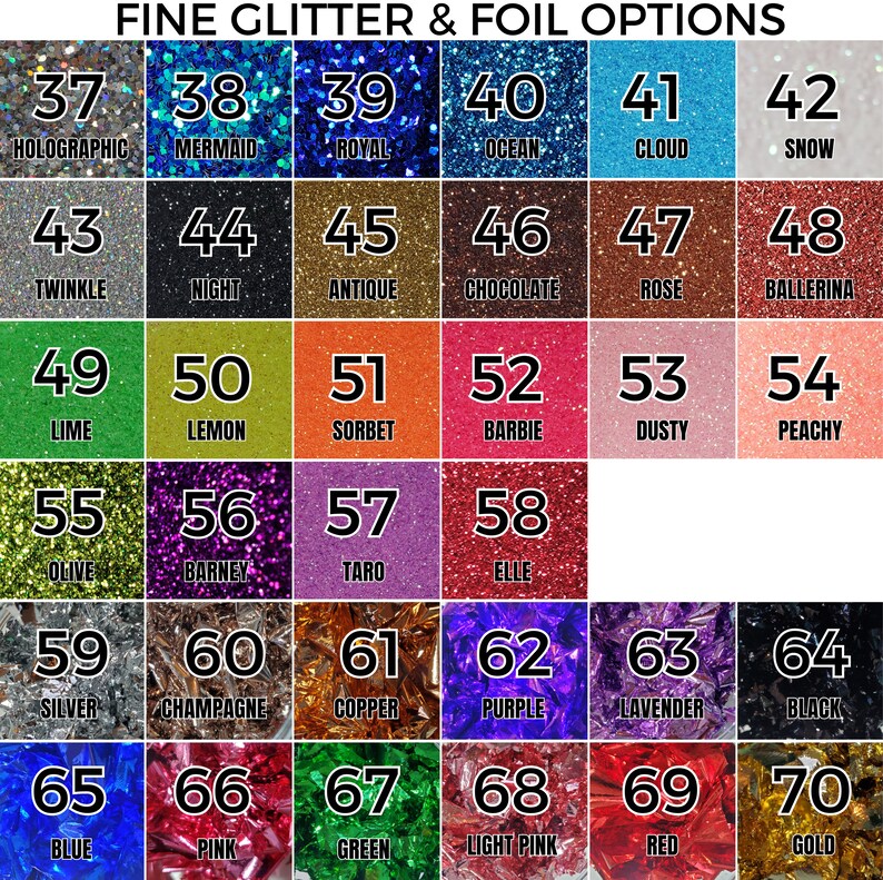 Op de afbeelding: Een kleurenkaart met fijne glitter- en folie-opties. Kleuren zijn holografisch, zeemeermin, koningsblauw, oceaanblauw, wolkenblauw en sneeuwwit. Andere kleuren zijn antiek goud, chocolade, roze en ballerina rood. Afmetingen zijn niet van toepassing.