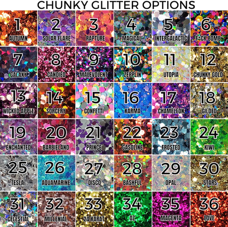 Op de afbeelding: Een raster van 36 vierkanten met chunky glitter opties, genummerd en benoemd. De kleuren vari&euml;ren van goud en oranje tot blauw en paars. De tekst "CHUNKY GLITTER OPTIONS" staat bovenaan.