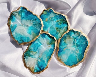 Teal Faux Agate Resin Coaster with Gold Gilded Edge - Set of 2