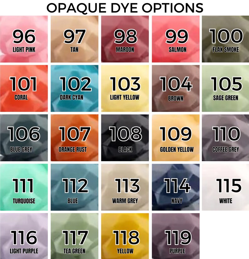 Op de afbeelding: Een raster van kleurstalen met nummers en kleurnamen. Kleuren zijn onder meer lichtroze, bruin, kastanjebruin, zalm, vlasrook, koraal, donker cyaan, lichtgeel, bruin, saliegroen, blauwgrijs, oranjeroest, zwart, goudgeel, koffiegrijs, turkoois, blauw, warmgrijs, marine, wit, lichtpaars, theegroen, geel en paars.