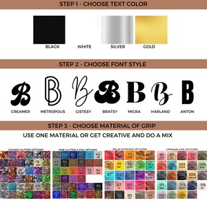 Op de afbeelding: Afbeelding met opties voor aangepaste tekstontwerpen. Bevat kleuropties (zwart, wit, zilver, goud), lettertypen (Creamer, Metropolis, Gistesy, Bratsy, Migra, Harland, Anton) en gripmaterialen zoals chunky glitter, fijne glitter, micapoeder en ondoorzichtige kleuropties.