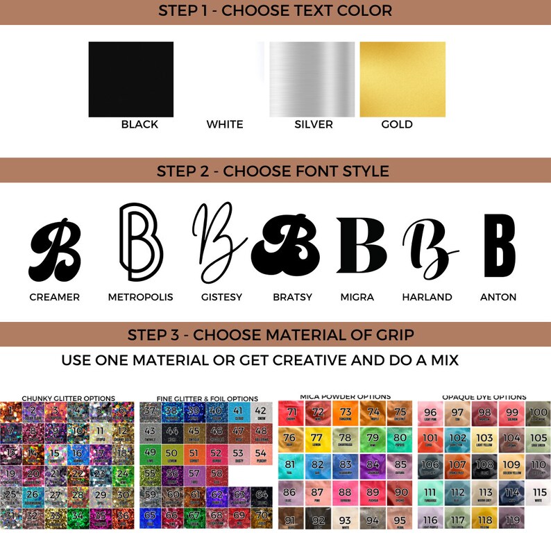 Op de afbeelding: Afbeelding met opties voor aangepaste tekstontwerpen. Bevat kleuropties (zwart, wit, zilver, goud), lettertypen (Creamer, Metropolis, Gistesy, Bratsy, Migra, Harland, Anton) en gripmaterialen zoals chunky glitter, fijne glitter, micapoeder en ondoorzichtige kleuropties.