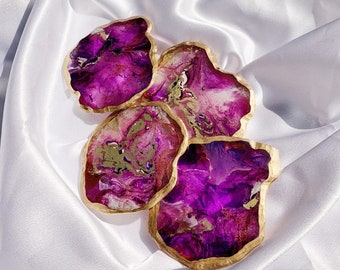 Purple Faux Agate Resin Coaster with Gold Gilded Edge - Set of 2