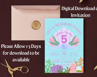 DIGITAL DOWNLOAD ONLY Customized Mermaid Under The Sea Child Birthday Party 5x7 invitation