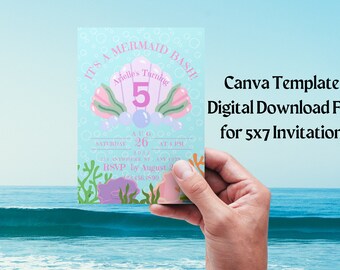 DIGITAL DOWNLOAD ONLY Editable Canva Template Mermaid Under the Sea Fairytale Magical Child Birthday Party 5x7 template invitation