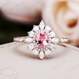 Oval Cut Lab Created Pink Sapphire Engagement Wedding Ring Solid Rose Gold Moissanite Halo Art Deco Ring Gemstone Anniversary Bridal Ring