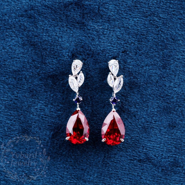 Pear Red Ruby Drop Earrings Solid White Gold Teardrop Earrings For Women Moissanite Wedding Earrings Art Deco Dangle Earring Brithday Gift