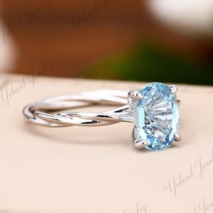Oval Cut Aquamarine Engagement Ring Solid White Gold Solitaire Ring Bridal Wedding Ring Unique Twist Gemstone Anniversary Ring Gifts for Her