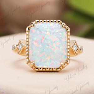 4.6CT Opal Engagement Ring Vintage 14K Yellow Gold Moissanite Art Deco Wedding Jewelry Birthstone Promise Anniversary Wedding Ring