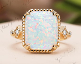 4.6CT Opal Engagement Ring Vintage 14K Yellow Gold Moissanite Art Deco Wedding Jewelry Birthstone Promise Anniversary Wedding Ring