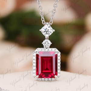 Emerald Cut Lab Ruby Necklace White Gold Gemstone Pendant July Birthstone Jewelry Dainty Moissanit Halo Necklace Anniversary Gift For Women