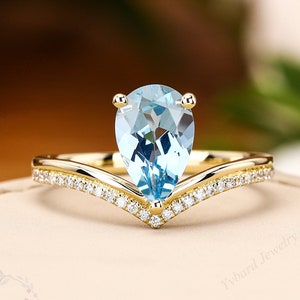Pear Cut Natural Aquamarine Engagement Ring Art Deco Yellow Gold Moissanite/Diamond Ring Crown Promise Ring Unique Anniversary Bridal Ring