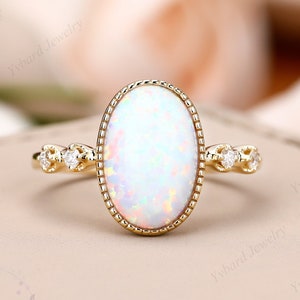 Oval Opal Engagement Ring Solid 10k/14k/ 18k Yellow Gold 8*12mm Lab Created Opal Promise Ring Moissanite Bridal Ring Birthstone Ring for Her