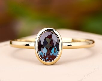 Ovaal geslepen alexandriet verlovingsring 14K geelgouden ring minimalistische belofte ring solitaire ring juni geboortesteen ring edelsteen trouwring