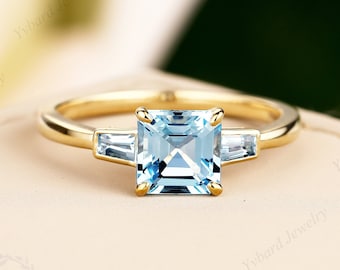 Unique Asscher Cut Natural Aquamarine Engagement Ring Gemstone Three Stone Ring For Women Solid Yellow Gold Bridal Anniversary Ring For Her