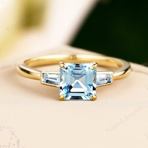 Unique Asscher Cut Natural Aquamarine Engagement Ring Gemstone Three Stone Ring For Women Solid Yellow Gold Bridal Anniversary Ring For Her