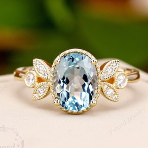 Oval Cut Natural Aquamarine Engagement Ring Diamond Cluster Bridal Wedding Rings For Women Unique Solid Gold Gemstone Anniversary Ring Gift