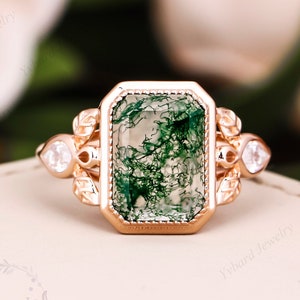 Vintage Moss Agate Engagement Ring Women Unique Solid Rose Gold Wedding Ring Emerald Cut Cluster Ring Leaf Design Promise Anniversary Ring