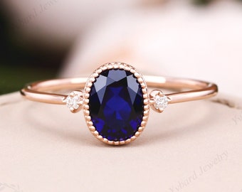 Anillo de zafiro ovalado creado en laboratorio, anillo de compromiso de oro macizo de 14 quilates, anillo de bodas, anillo con detalles de diamantes naturales, regalo de aniversario para mujer.