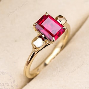 Unique Skull Ring Lab Created Ruby Engagement Ring Solid Yellow Gold Solitaire Ring For Women Art Deco Hidden Red Ruby Ring Halloween Ring