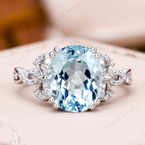 Oval Cut Natural Aquamarine Engagement Ring Solid 14K White Gold Diamond Ring For Her Luxury Gemstone Ring Unique Art Deco Promise Ring