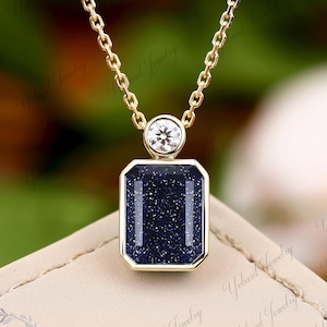 Emerald cut blue sandstone necklace Solid yellow gold pendant Galaxy blue gemstone minimalist necklace Handmade jewelry gift for wife