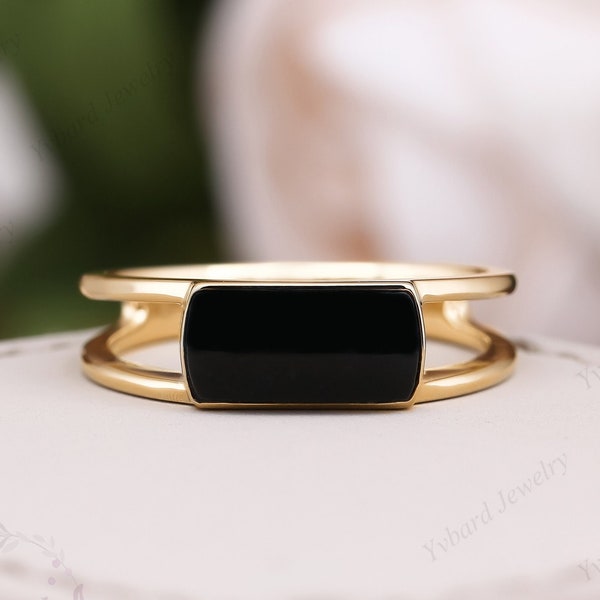 10K/14K/18K Solid Yellow Gold Engagement Ring Vintage Natural Onyx Ring For Men Women Solitaire Ring Black Gemstone Wedding Band Unisex Ring