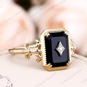 Natural Black Onyx Ring Vintage Real Diamond Solid 18K/14K/10K Two Tone Gold Art Deco Flower Ring Handmade Ring Bridal Anniversary Gift Ring