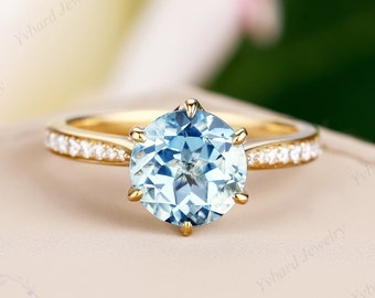 Anillo de compromiso de aguamarina natural de corte redondo, Oro amarillo macizo, Diamante, Anillo de boda nupcial, Promesa art déco, Anillo de aniversario vintage para ella
