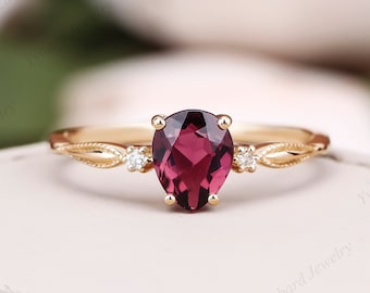 14K/18K Gold Dainty Ring, Pear Cut Nature Red Tourmaline Ring, Diamond Accent Ring, Minimalist Ring Stacking Ring Gemstone Ring Gift for Her