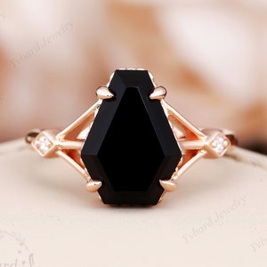 Unique Black Onyx Engagement Ring Coffin Shaped Ring Vintage Solid Rose Gold Statement Ring Wedding Rings For Women Anniversary Promise Gift