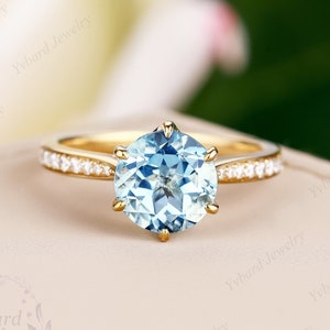Ronde geslepen natuurlijke Aquamarijn verlovingsring massief geel goud diamant bruids trouwring Art Deco belofte Vintage jubileumring voor haar